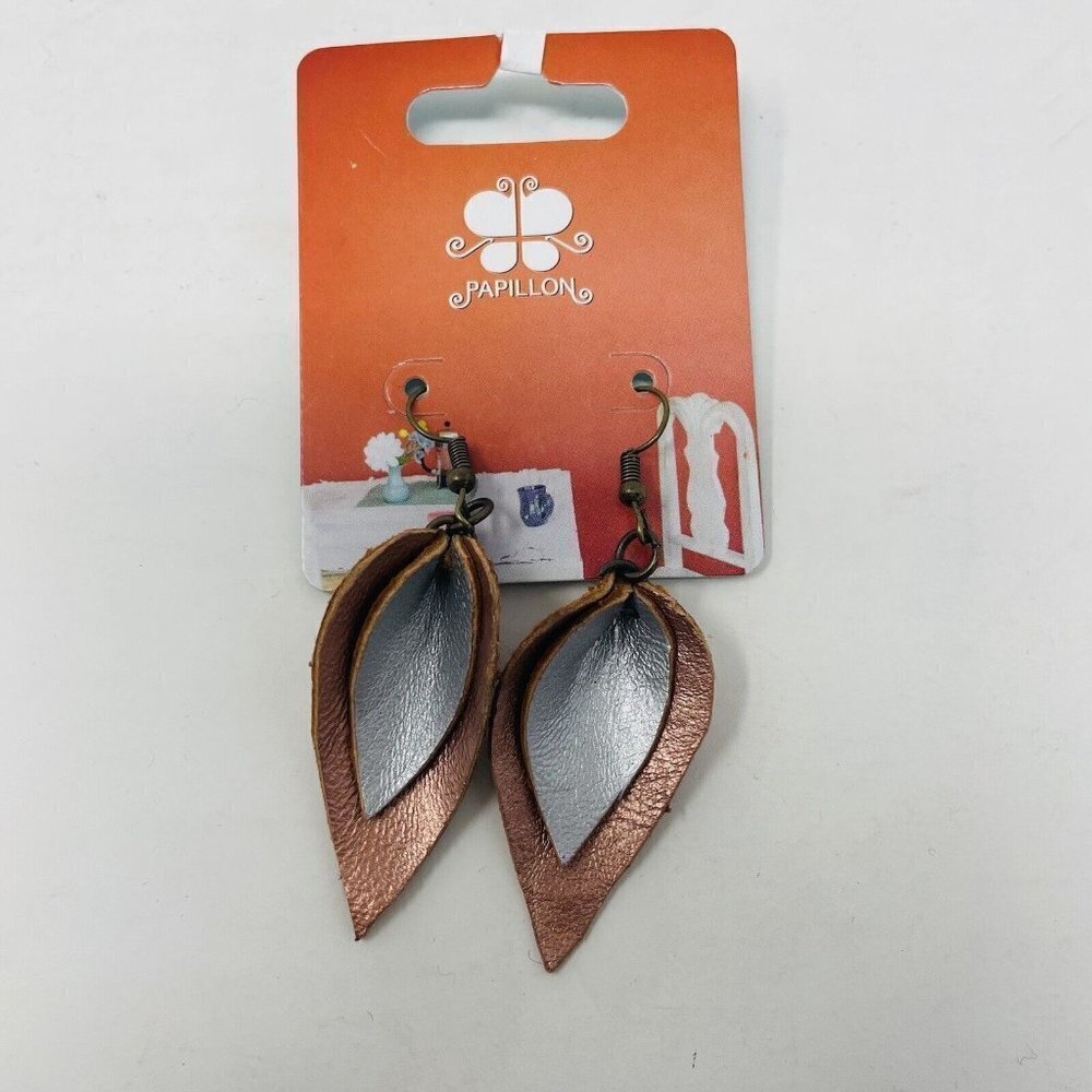The Feuilles Artisan Double Leaf Goat Leather Earrings in Silver & Rose Gold